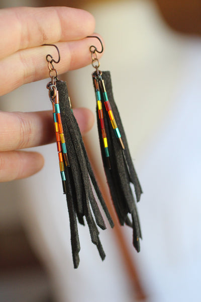 CHER - Chocolate Suede and Beads Fringe Earrings