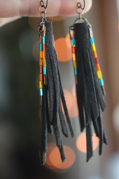 CHER - Chocolate Suede and Beads Fringe Earrings