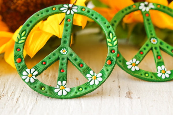 Spring Green Daisy Peace Sign Leather Earrings - Pick Your Size