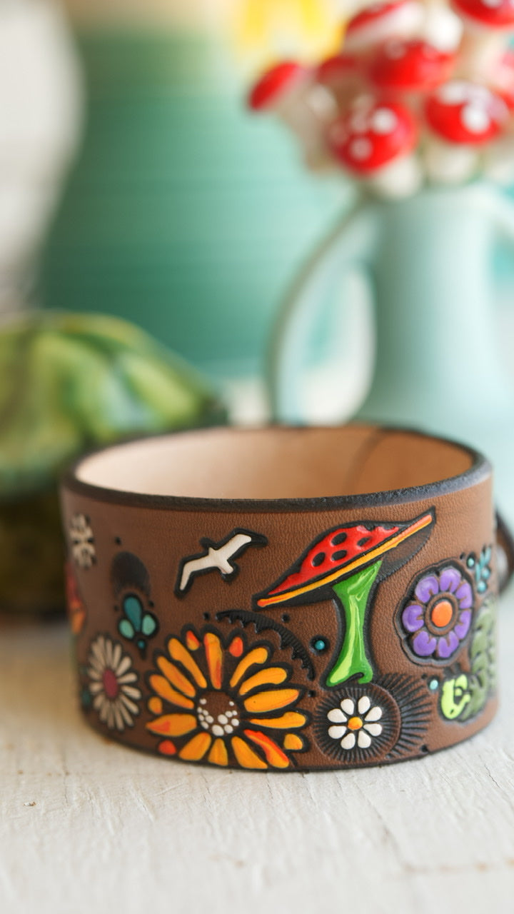 Toadstools and Critters Leather Cuff