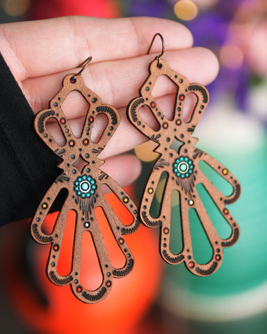 Long, Lacy Fan Leather Earrings