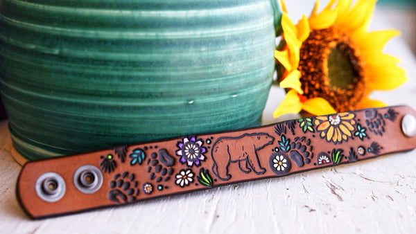 Bear in the Wildflowers Leather Cuff