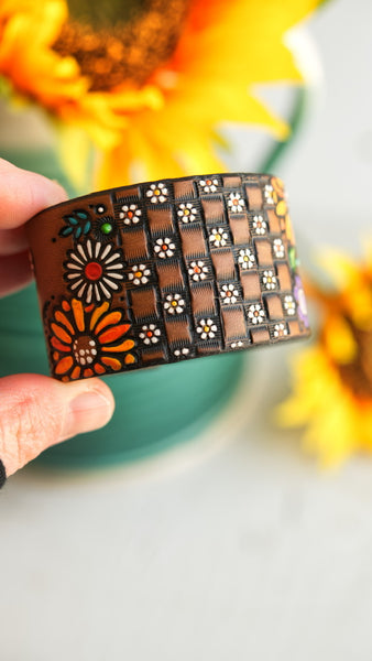 Basketweave and Flowers Leather Cuff