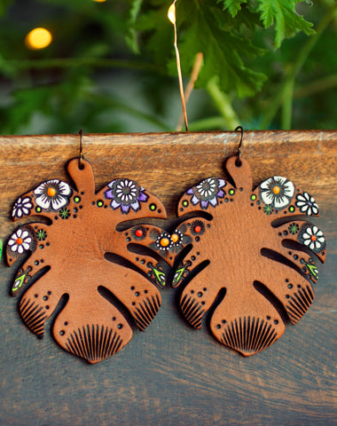 Monstera and Wildflowers Leather Earrings