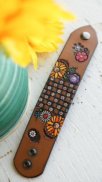 Basketweave and Flowers Leather Cuff