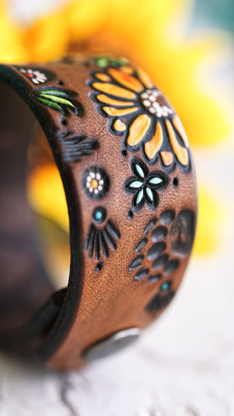 Bear in the Wildflowers Leather Cuff