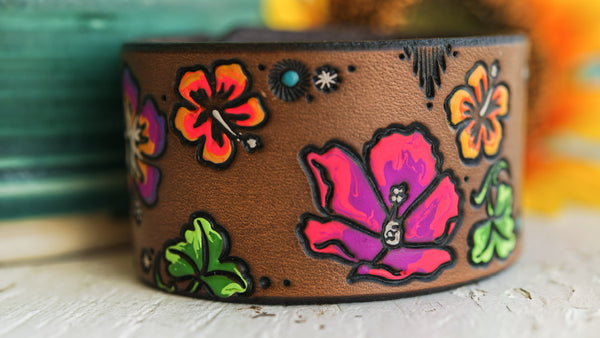 Tropical Hibiscus Leather Cuff