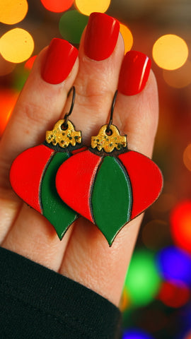 Red & Green Striped Teardrop Ornament Earrings