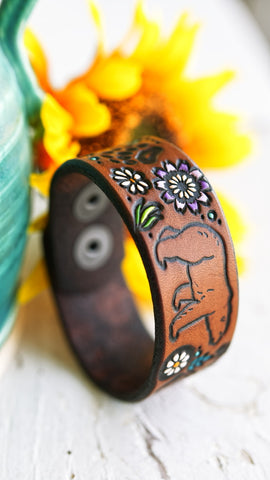 Bear in the Wildflowers Leather Cuff