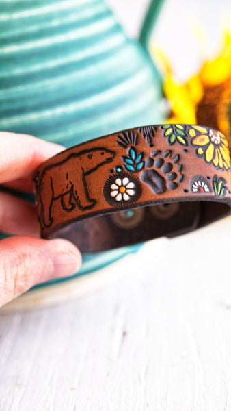 Bear in the Wildflowers Leather Cuff