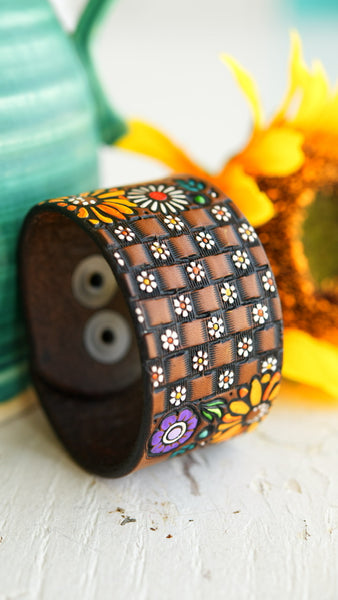 Basketweave and Flowers Leather Cuff