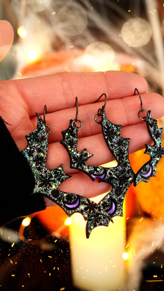 Preorder - Sparkly Black Bats Earrings - Mama and Baby Sizes