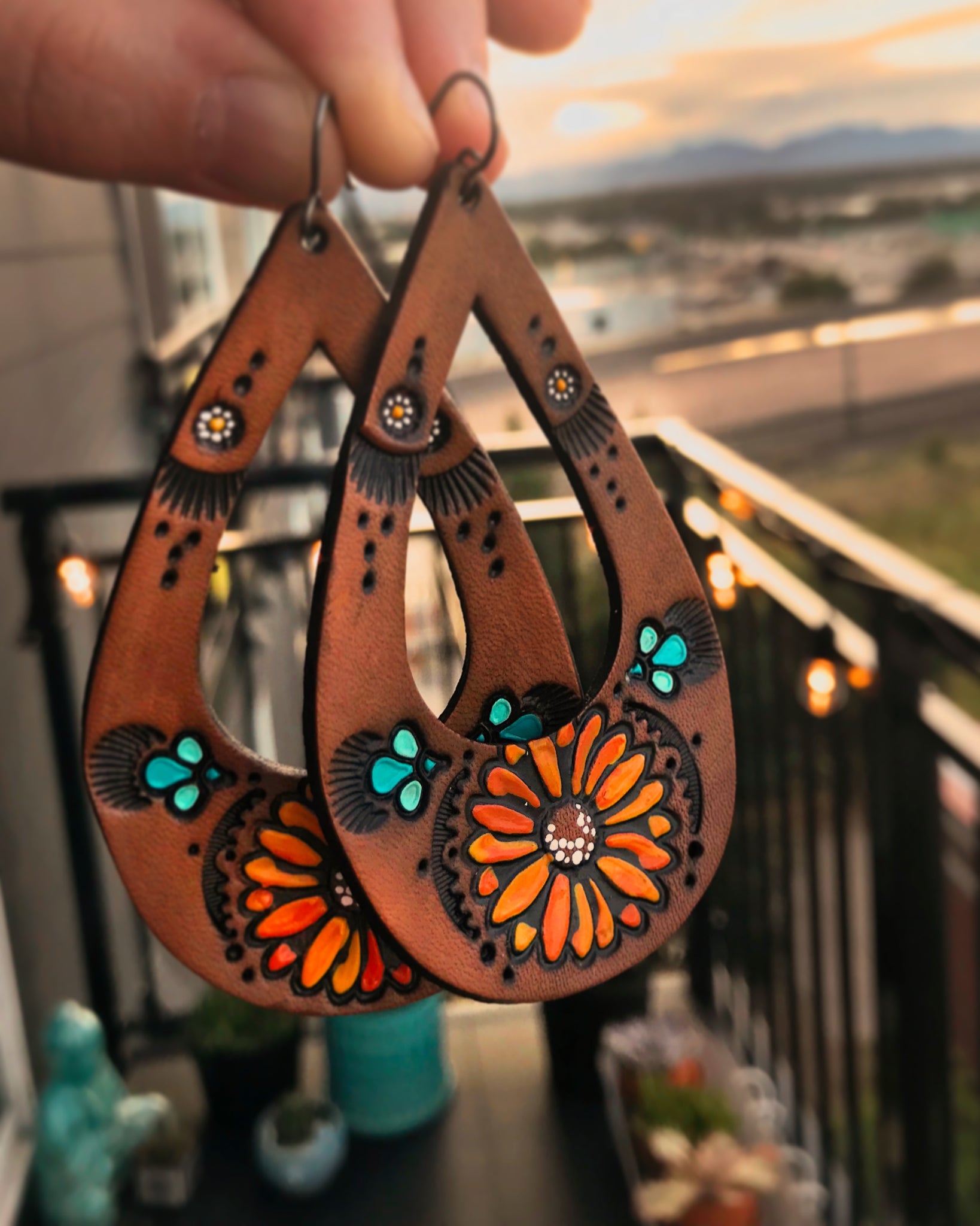 Teardrop Sunflower and Daisy Leather Earrings