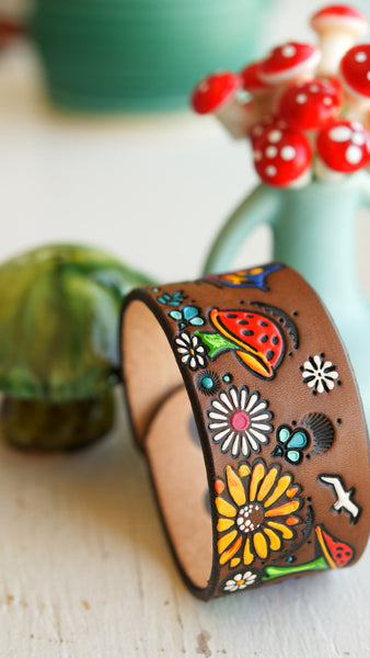 Toadstools and Critters Leather Cuff