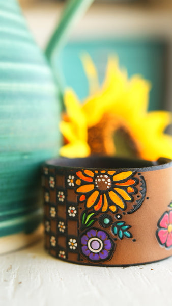 Basketweave and Flowers Leather Cuff