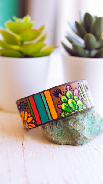 Colorful Serape & Cacti Leather Cuff