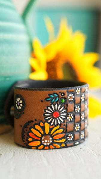 Basketweave and Flowers Leather Cuff