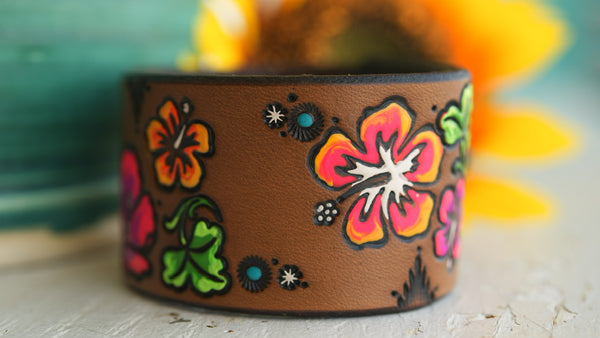 Tropical Hibiscus Leather Cuff